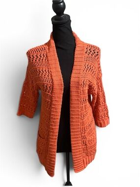 Staring at Stars | Women's Orange Crochet Open Cardigan Sweater Size Small